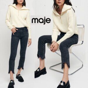 Maje Straight Leg Jeans with Ripped Hems, Size US 6 High-Waisted Anthracite Grey